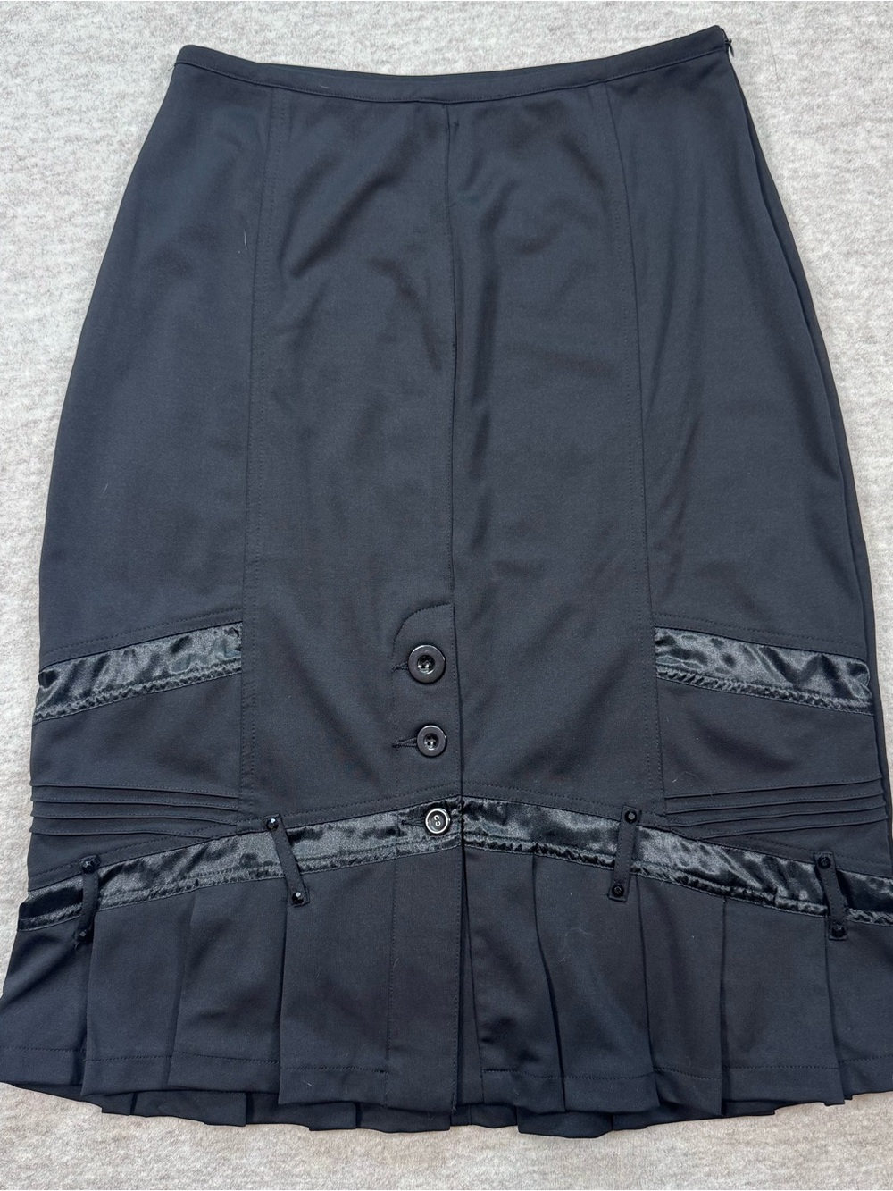 Black Midi Skirt with Pleated Hem and Satin Trim